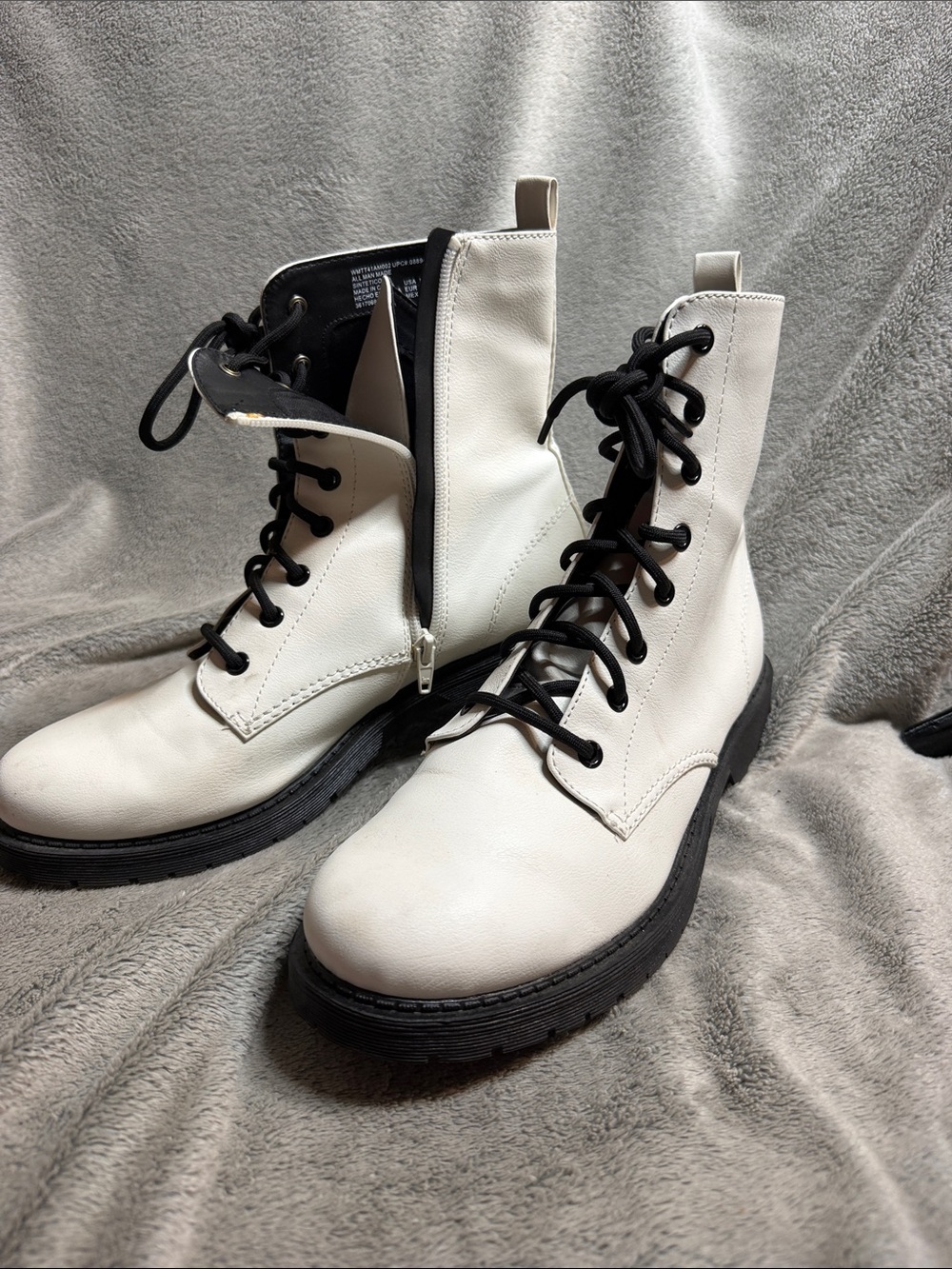 Women's White Lace-Up Combat Boots with Side Zip